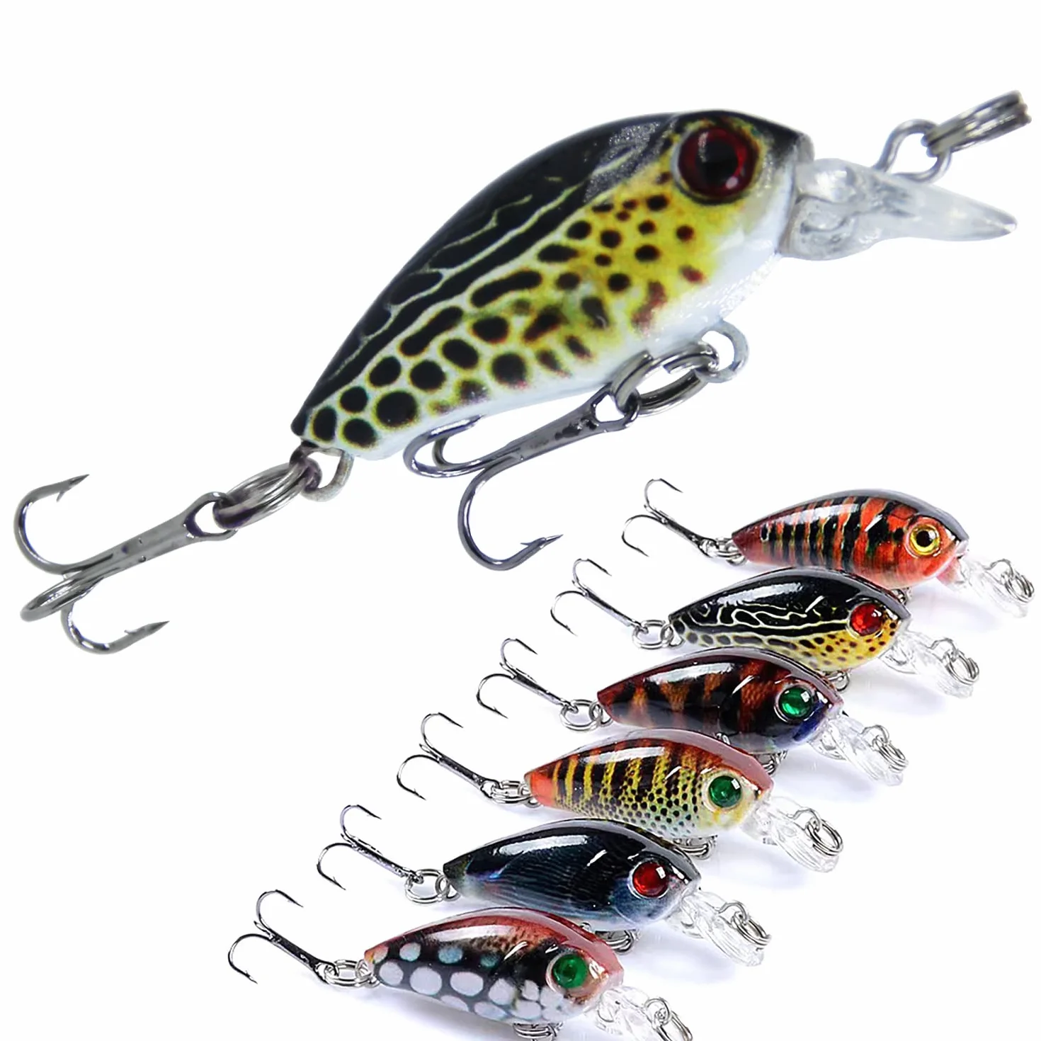 Crankbaits 6 pacchi Set，Esche galleggianti da pesca，Hard Baits Treble Hooks Occhi realistici 3D con Tackle Box，esche da pesca mare lago，Adatto perPesca alla Trota, spigola, persico, luccio ecc