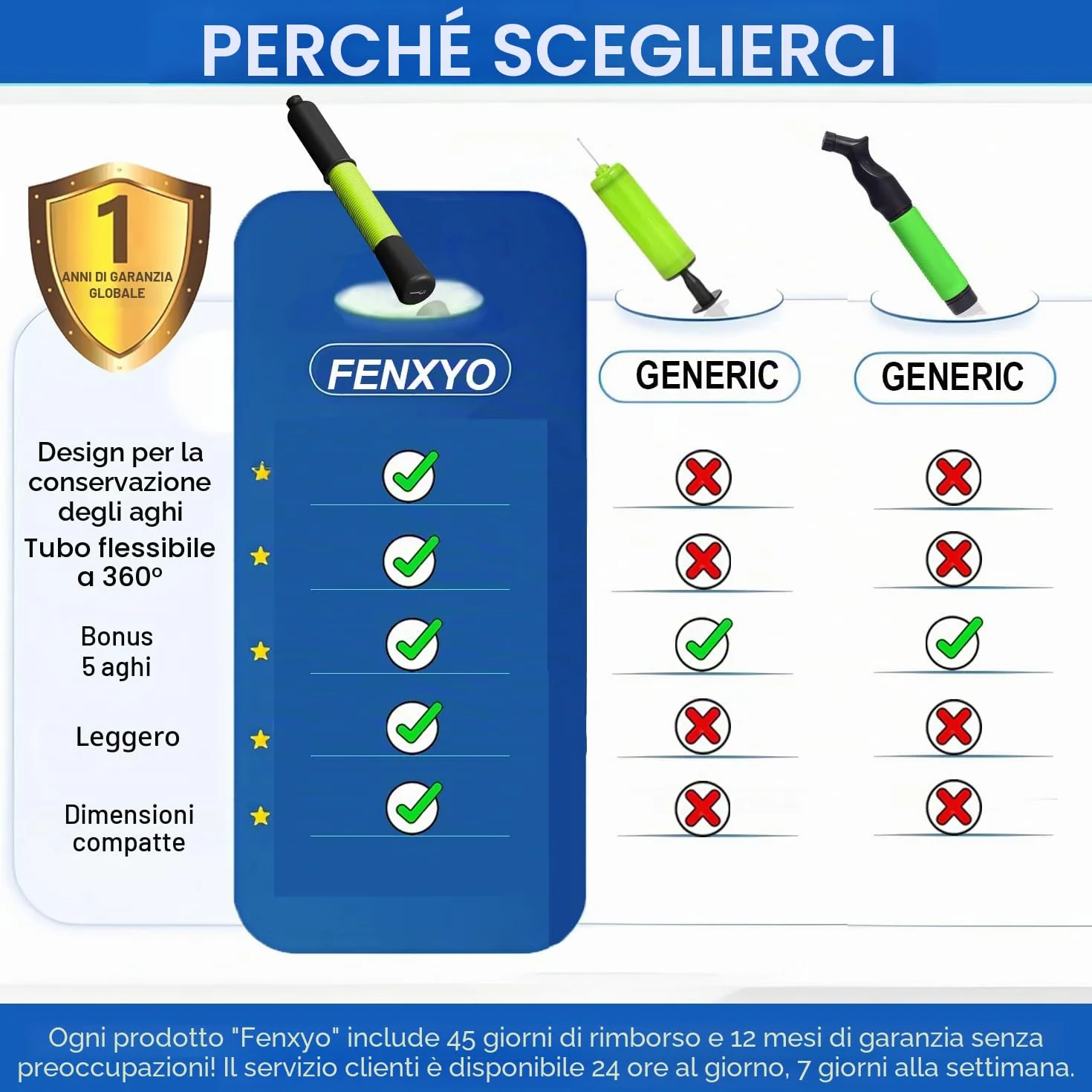 Pompa da calcio manuale con 5 aghi e cavo estensibile per palloni da calcio, pallacanestro, pallavolo