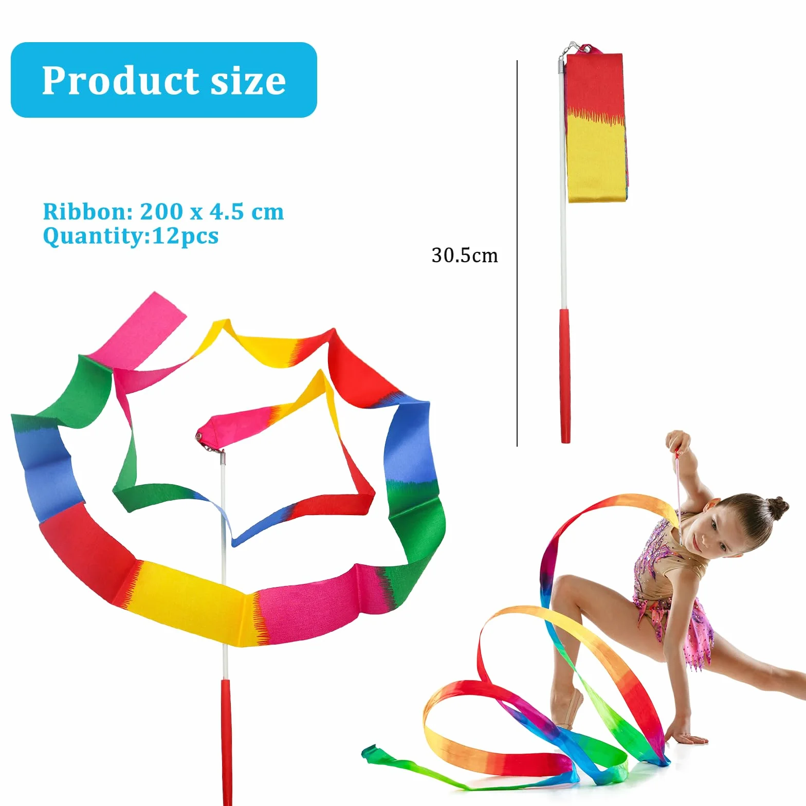 Nastri da Ballo 12 Pezzi, Nastro da Ginnastica Colorato, Bacchetta Ginnastica Ritmica, Dance Ribbons per Bambini 2m