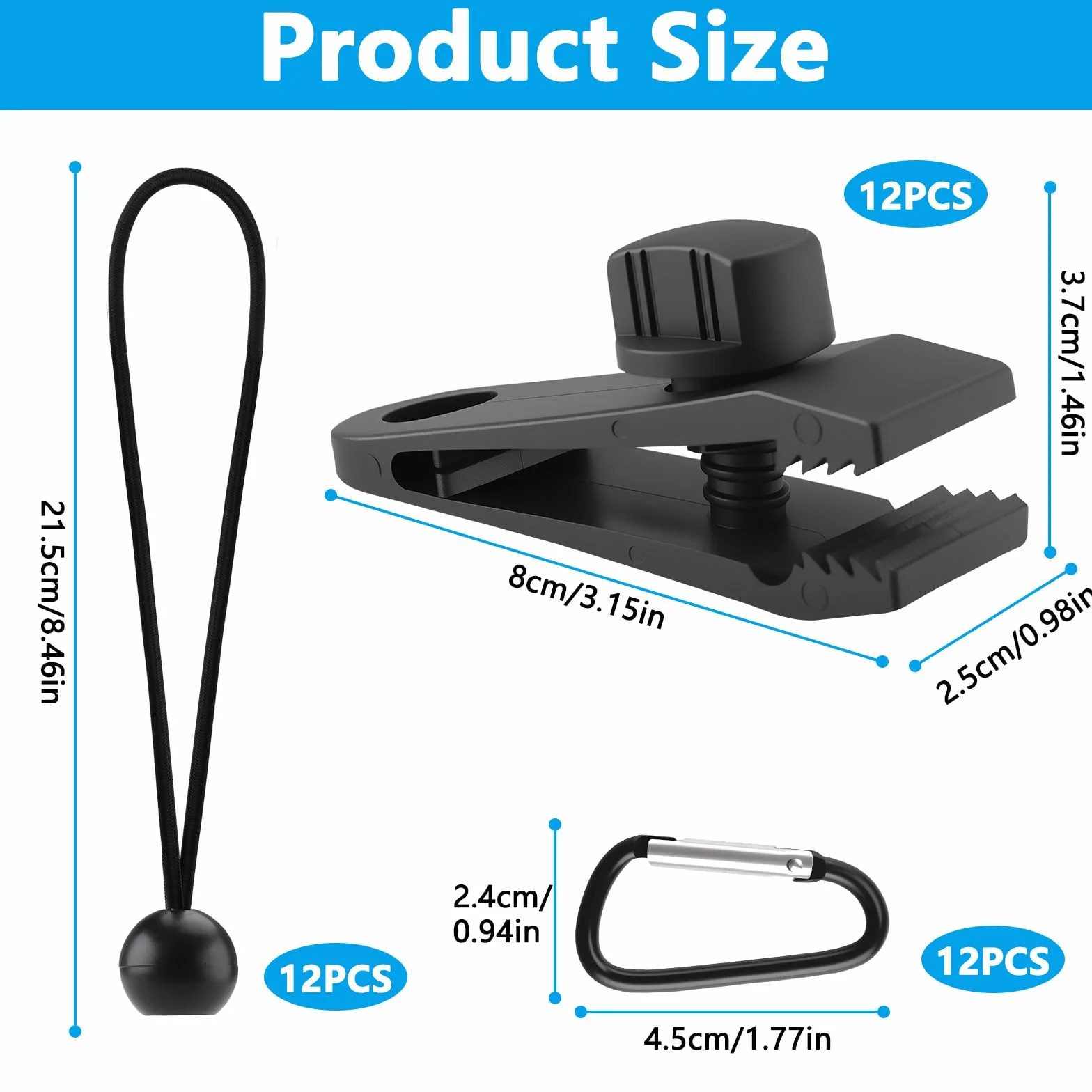 Set di Ganci per Teloni da 36 Pezzi 12 Tarp Clips + 12 Corde Elastiche + 12 Moschettoni Per Tende da Campeggio, Bivi e Teloni di Protezione · Presa Forte e Sicura