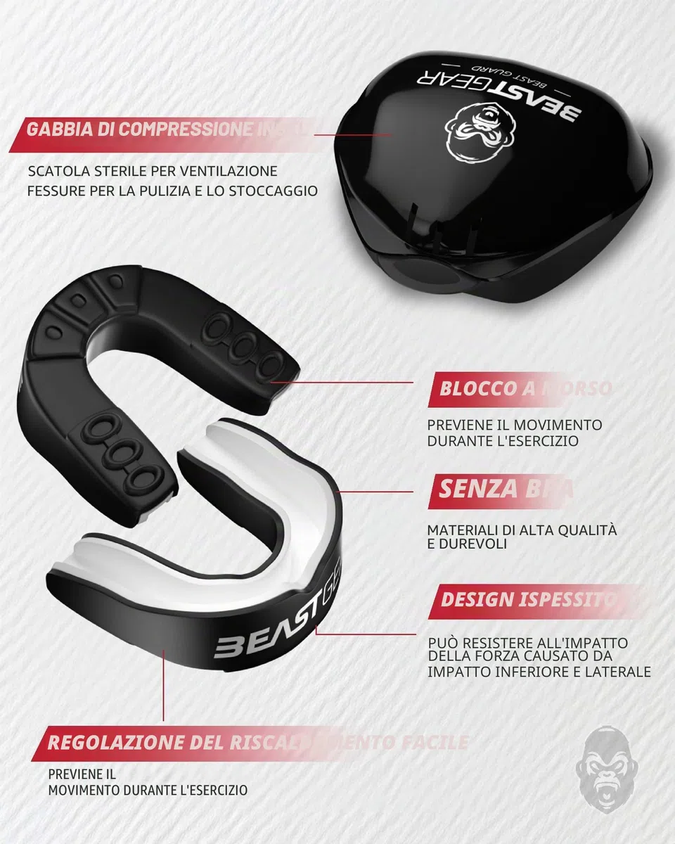 Beast Gear Paradenti Sportivo - Protezione Denti e Mascella, Adatto per Boxe, Paradenti MMA, Rugby, Calcio, Hockey con Custodia Igienica，per Adulti e Adolescenti (11+)