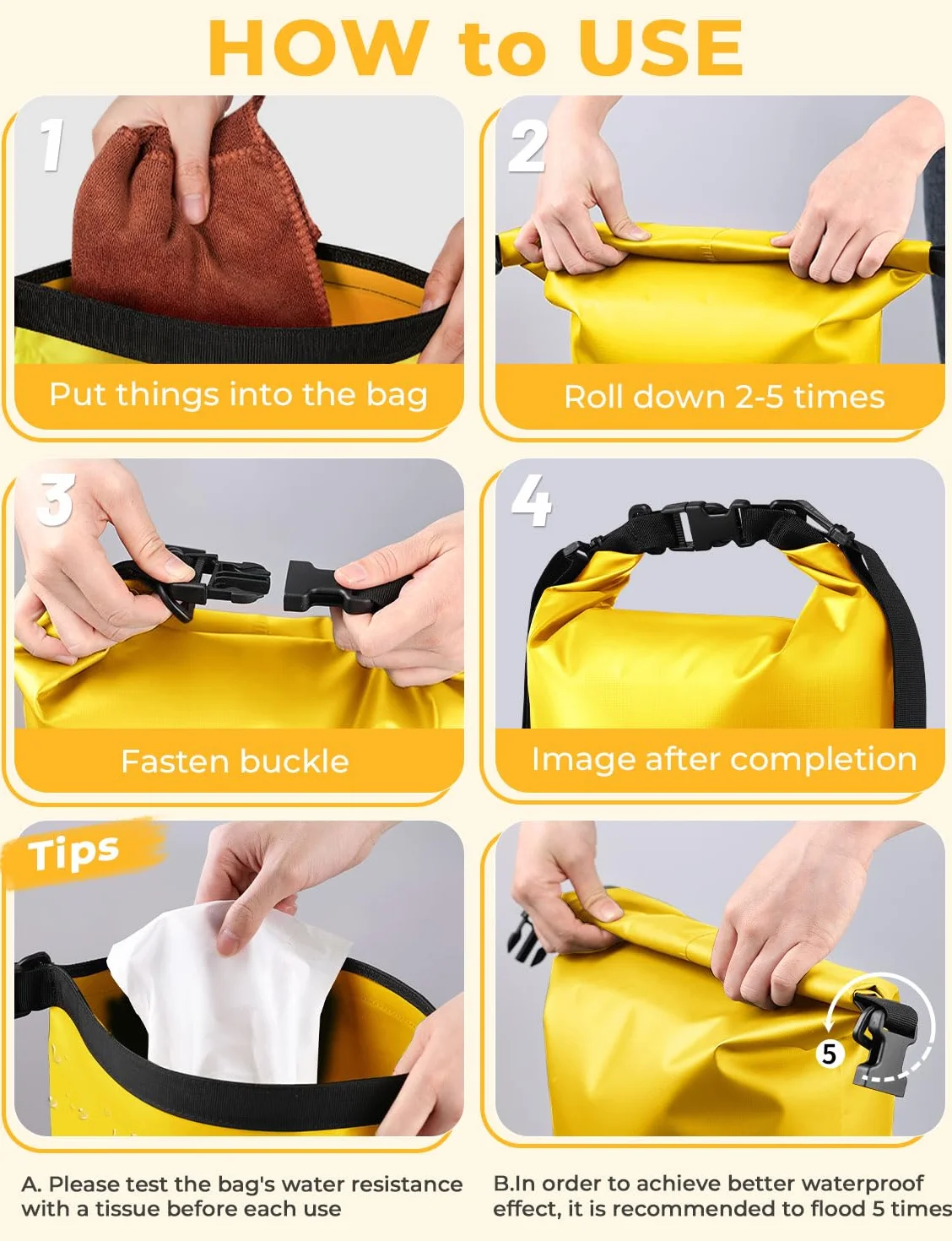 KYG Borsa Impermeabile, 2L/5L/10L Sacca Stagna in PVC, Saldata senza Cuciture – Leggera, Resistente e Galleggiante per Rafting, Trekking Fluviale, kayak, Spiaggia e Campeggio 5L Giallo