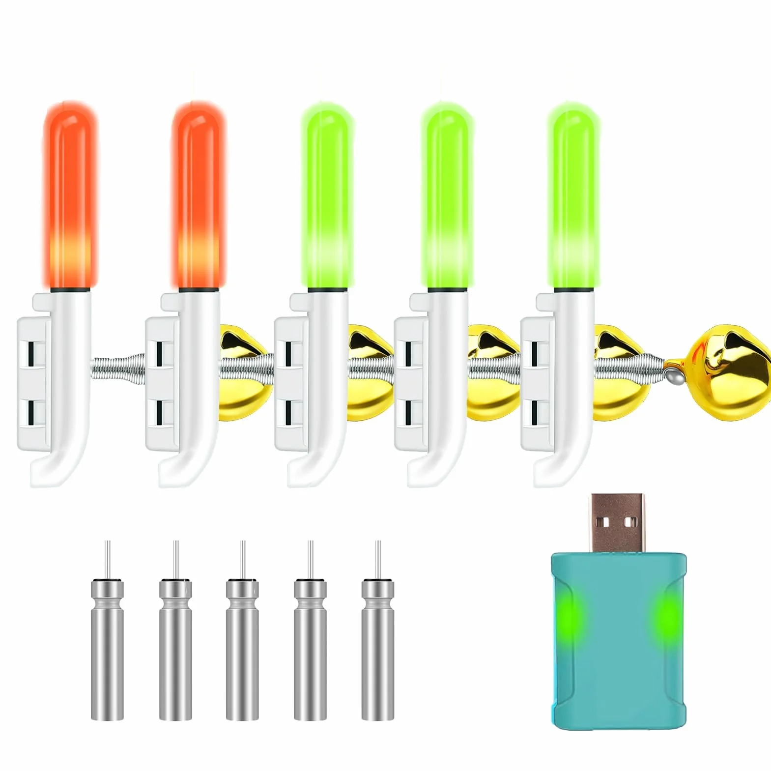 5 luci a LED da pesca, indicatore di abboccato, punta per canna da pesca, impermeabile, con fibbia di allarme, per canne da pesca, per il giorno del Ringraziamento