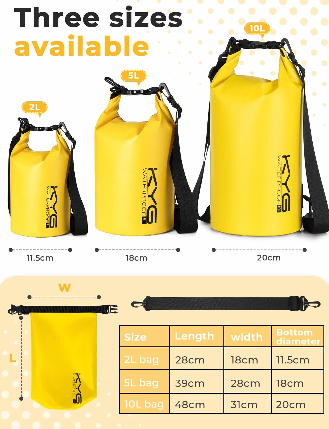 KYG Borsa Impermeabile, 2L/5L/10L Sacca Stagna in PVC, Saldata senza Cuciture – Leggera, Resistente e Galleggiante per Rafting, Trekking Fluviale, kayak, Spiaggia e Campeggio 5L Giallo