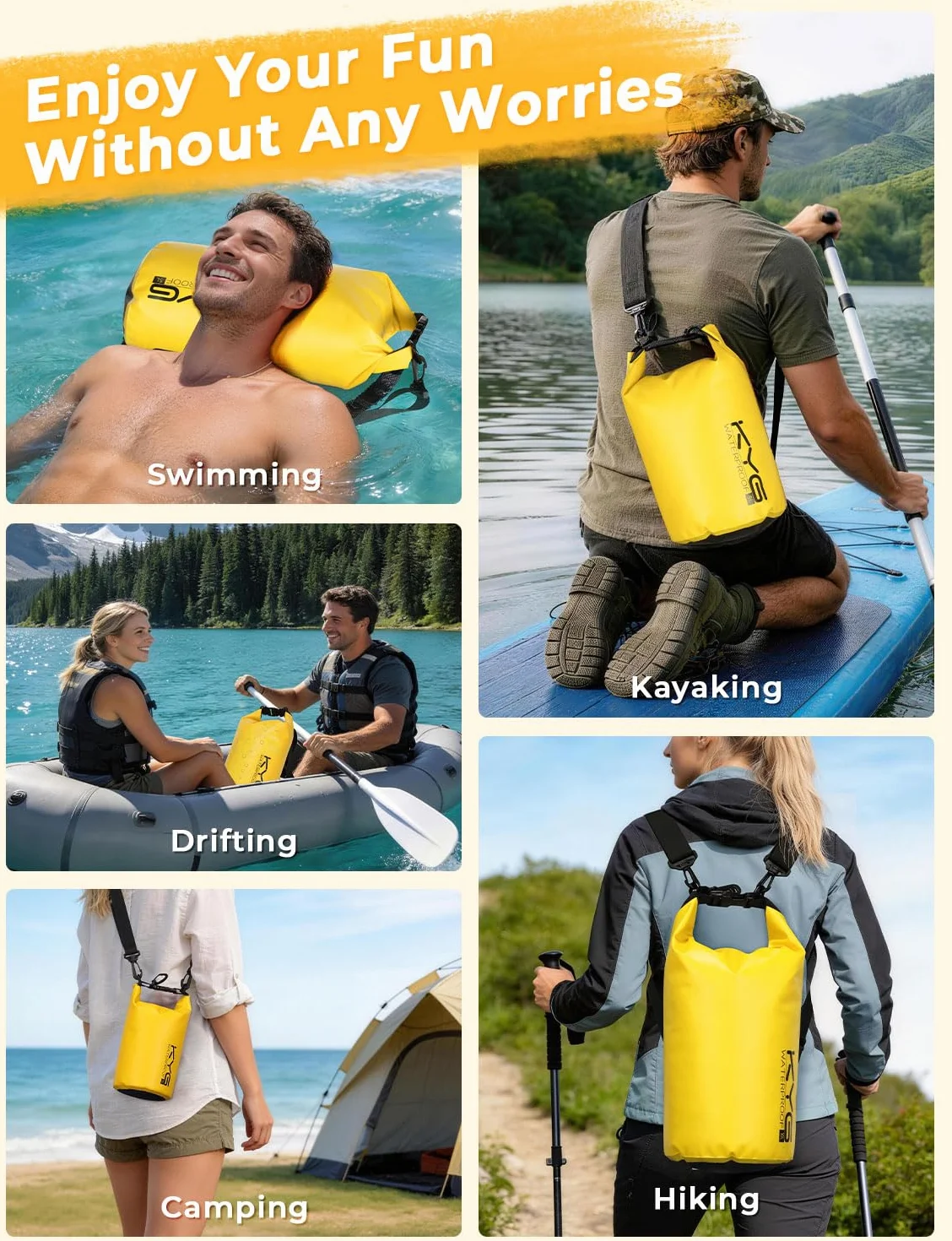 KYG Borsa Impermeabile, 2L/5L/10L Sacca Stagna in PVC, Saldata senza Cuciture – Leggera, Resistente e Galleggiante per Rafting, Trekking Fluviale, kayak, Spiaggia e Campeggio 5L Giallo