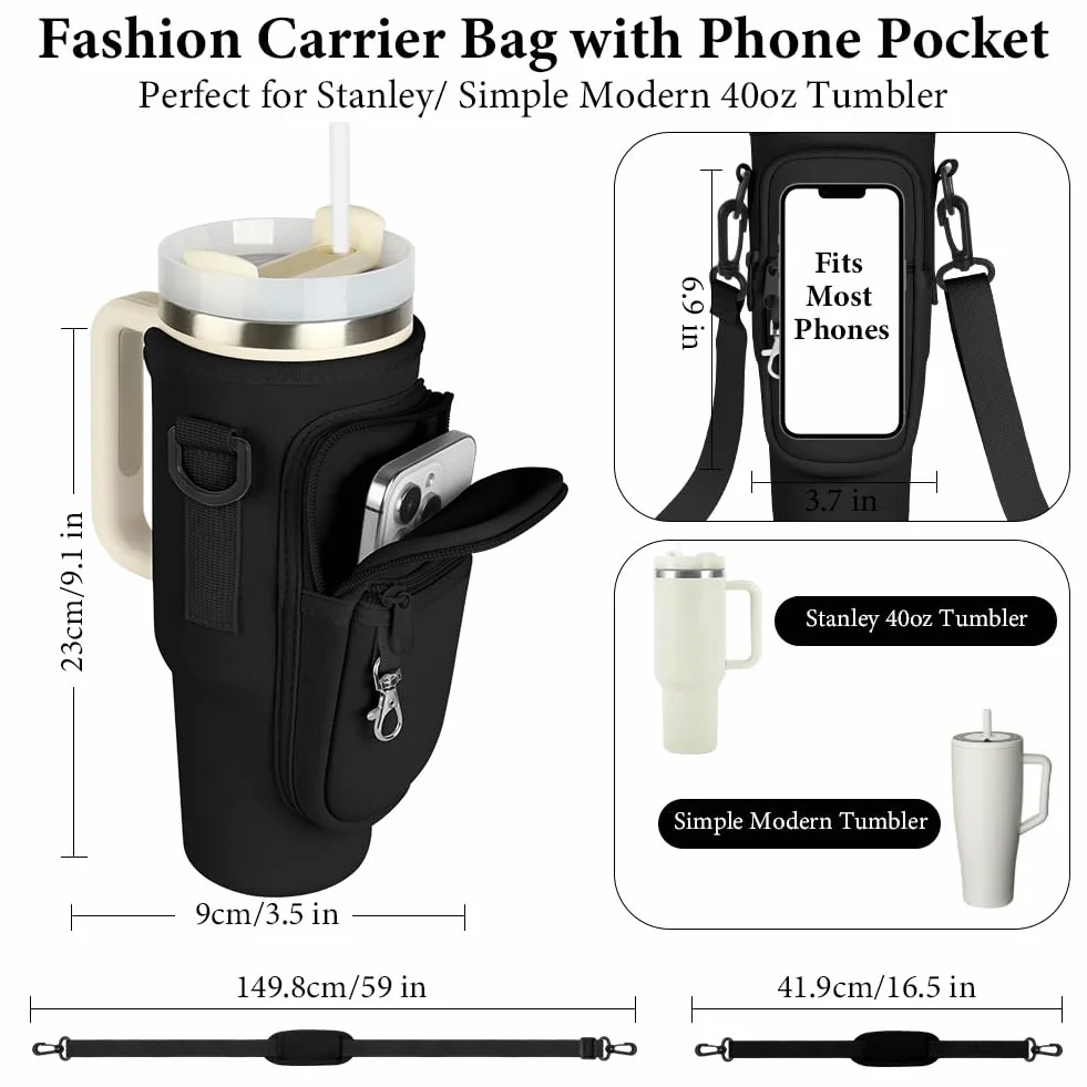 Porta Borraccia con Tracolla, Borsa per Stanley Cup con Tracolla Regolabile Accessori Borsa Porta Bottiglie d'Acqua Borsa 40oz PortabottiglieCopertura Protettiva per Tazza di Bottiglia d'Acqua