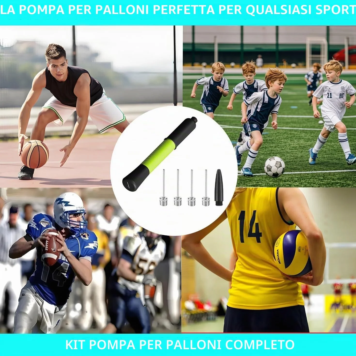 Pompa da calcio manuale con 5 aghi e cavo estensibile per palloni da calcio, pallacanestro, pallavolo