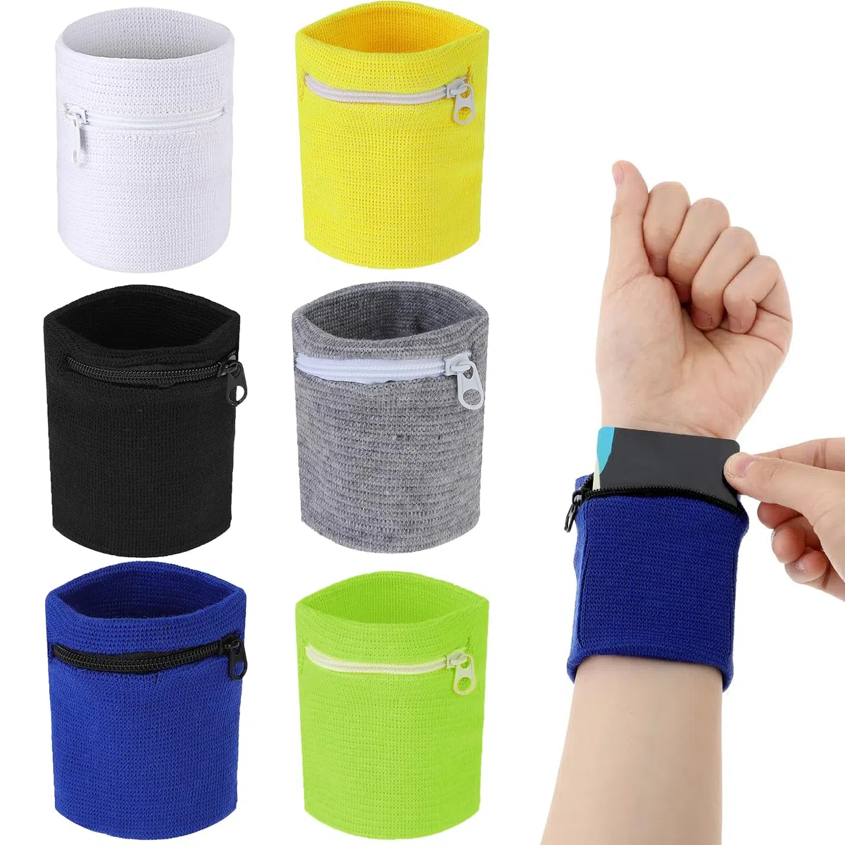 6 fasce per il sudore, da polso, con chiusura lampo, per allenamento, sport, saldatura, con tasca, per donna, uomo, fitness, corsa