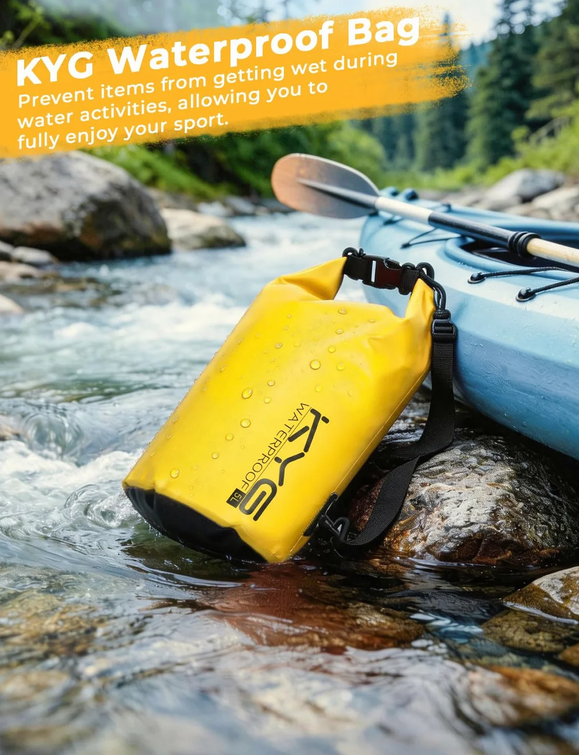 KYG Borsa Impermeabile, 2L/5L/10L Sacca Stagna in PVC, Saldata senza Cuciture – Leggera, Resistente e Galleggiante per Rafting, Trekking Fluviale, kayak, Spiaggia e Campeggio 5L Giallo