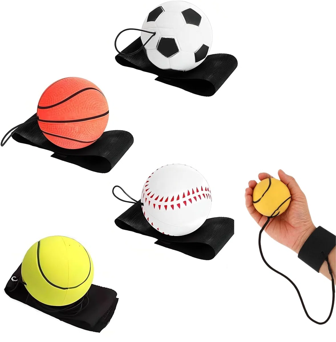 4 Pezzi Palla Di Ritorno Del Polso,Ø 6cm Palla da Polso con Rimbalzo, Palline da Polso per Sport,Pallina con Elastico da Polso per Bambin Adulti Anziani Esercizio