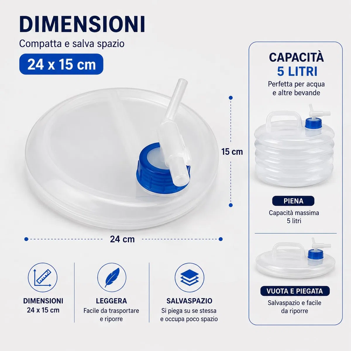 Tanica Pieghevole per Acqua da 5 Litri in LDPE, con Rubinetto, Compatta e Salvaspazio per Campeggio