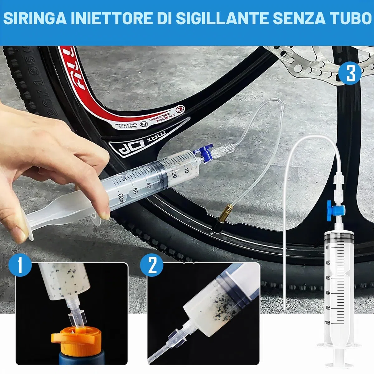 Siringa Tubeless per Bicicletta – 60 ml Kit Riparazione Pneumatici Bici, 29 Pezzi Sealant Injector Set per MTB e Bici da Strada, incl, Rimozione del Nucleo della Valvola