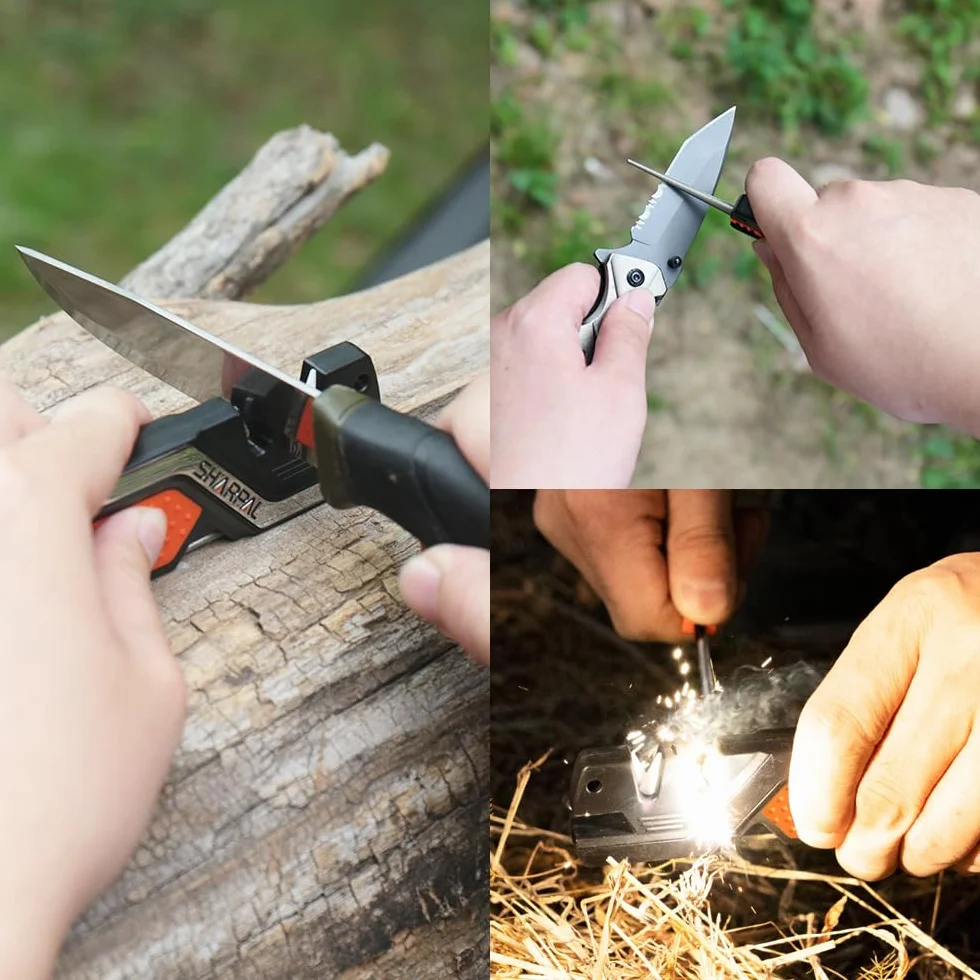 SHARPAL 101N 6 in 1 Portatile Affilacoltelli con Accendifuoco, Fischietto e Barra Affilatrice Diamantata, Risanare e Levigare Rapidamente Lame Dritte e Dentellate, Outdoor e Coltelli da cucina
