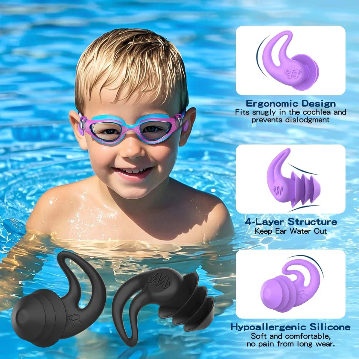 Tappi orecchie piscina bambini – 4 paia impermeabili riutilizzabili in morbido silicone tappi per le orecchie per doccia, nuoto, surf, snorkeling e altri sport acquatici