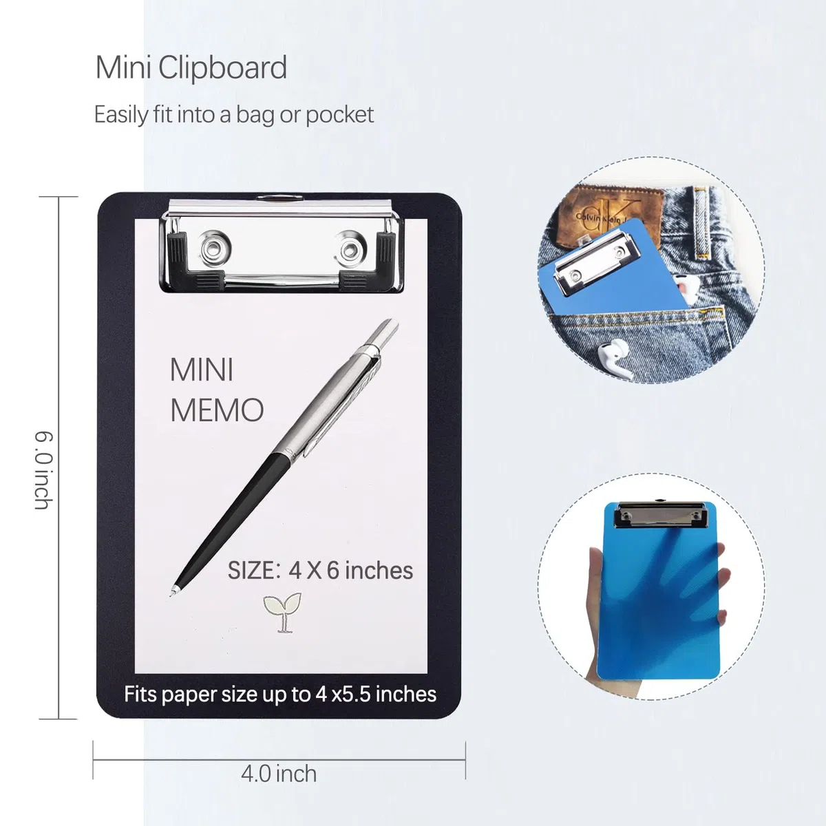 Portablocco A6 in Plastica, 10x15cm Piccolo Porta Blocco con Sistema di Fissaggio a Parete e Clip in Metallo - Mini cartellina Appunti per Blocco Note Ricevute Elenchi Tascabili (Nero, 4 pezzi)