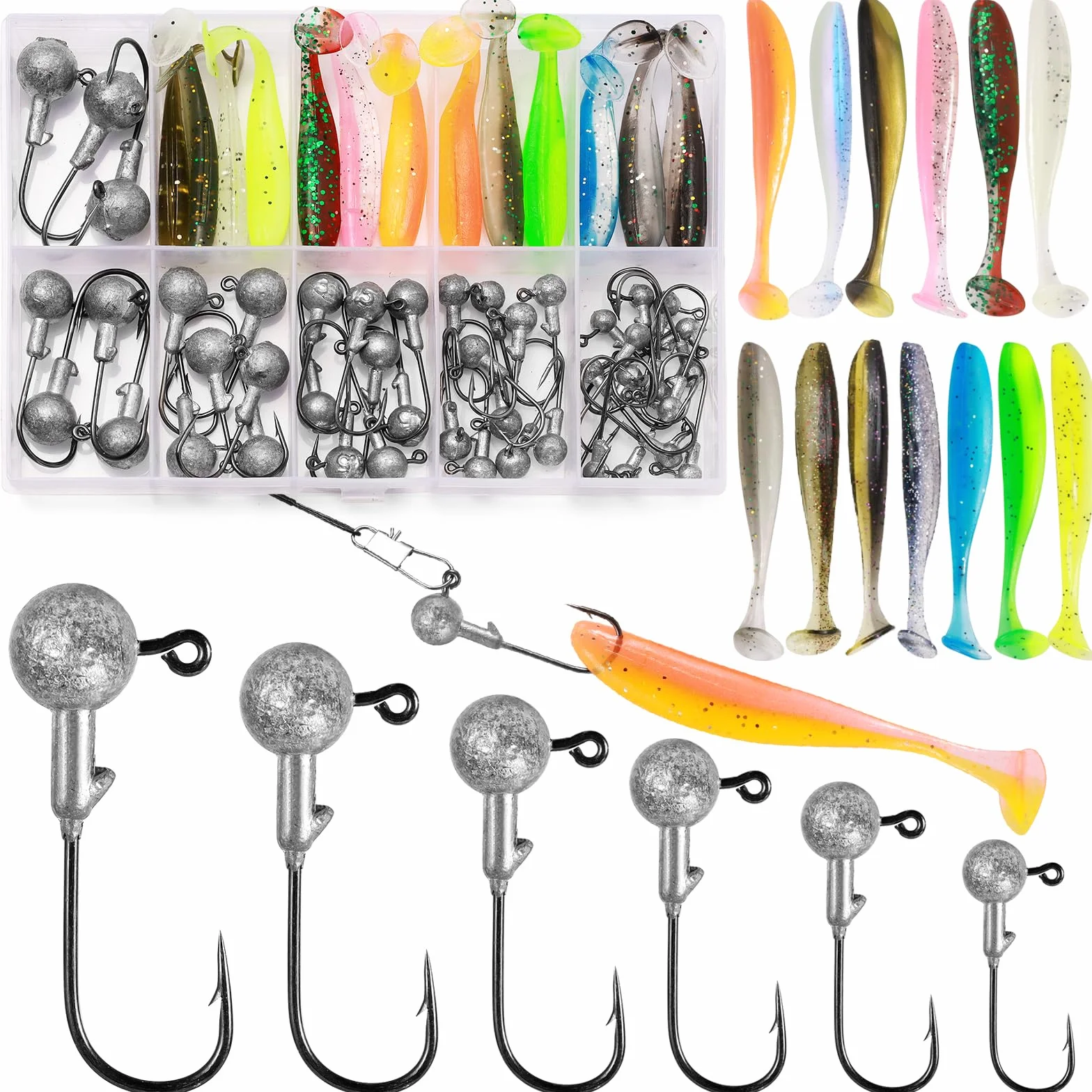 58 Pz / 6 Dimensioni Teste di Jig con esche di gomma 10g/7g/5g/3,5g/1,8g/1g Ganci da pesca con palline di piombo rotonde Esche morbide realistiche bicolori per acqua dolce salata per persico