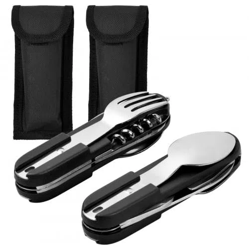 Dokeno 2 Pcs Posate Campeggio Pieghevoli Acciaio Inox, Stoviglie da Campeggio con Borsa Oxford, Nero Posate Portatile Adatta per Escursioni Viaggi Picnic Outdoor Campeggi