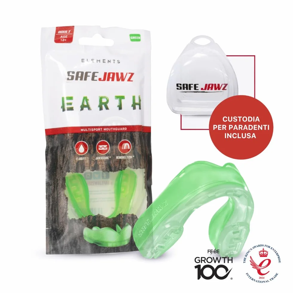 SAFEJAWZ Elements TERRA Paradenti Sportivo Adulti e Bambini Contatto Completo per Sport Rugby MMA Hockey Judo Boxe (Verde)