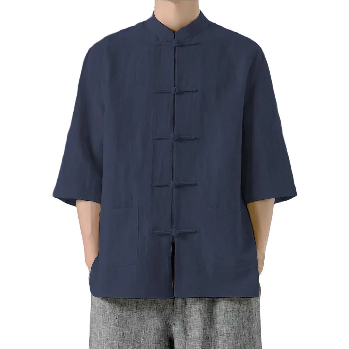 Generico Camicia Uomo Elegante Camicia Lino Coreana Colletto Manica Corta Tradizionale Asiatica Casual Traspirante Ampia vestibilità