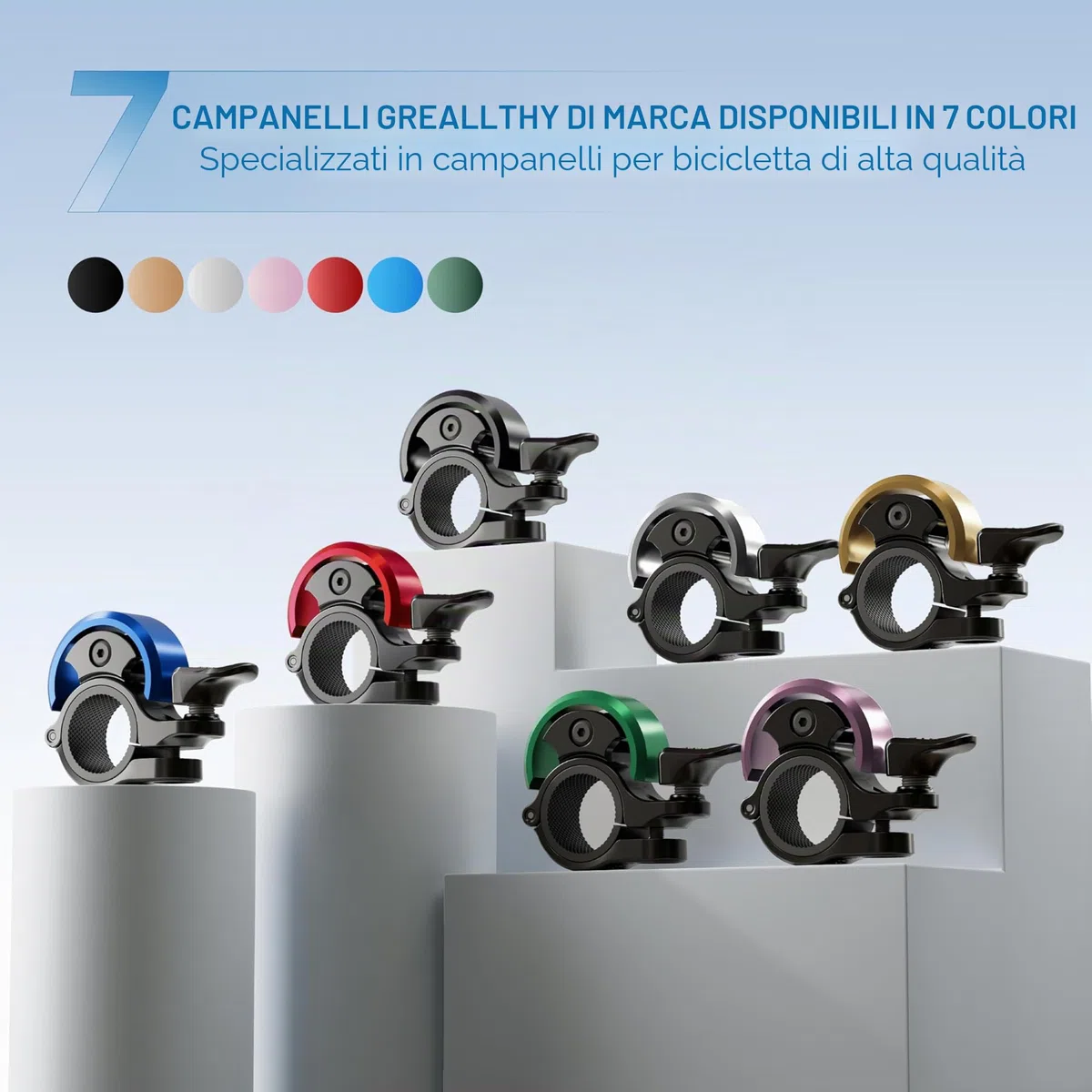 Greallthy Campanella per Bicicletta, Mini Campanello in Lega di Alluminio Super Loud, Nuovo Aggiornamento 2025 per MTB Bici da Corsa Ebike Mountainbike, Manubrio 19-25.4 mm.