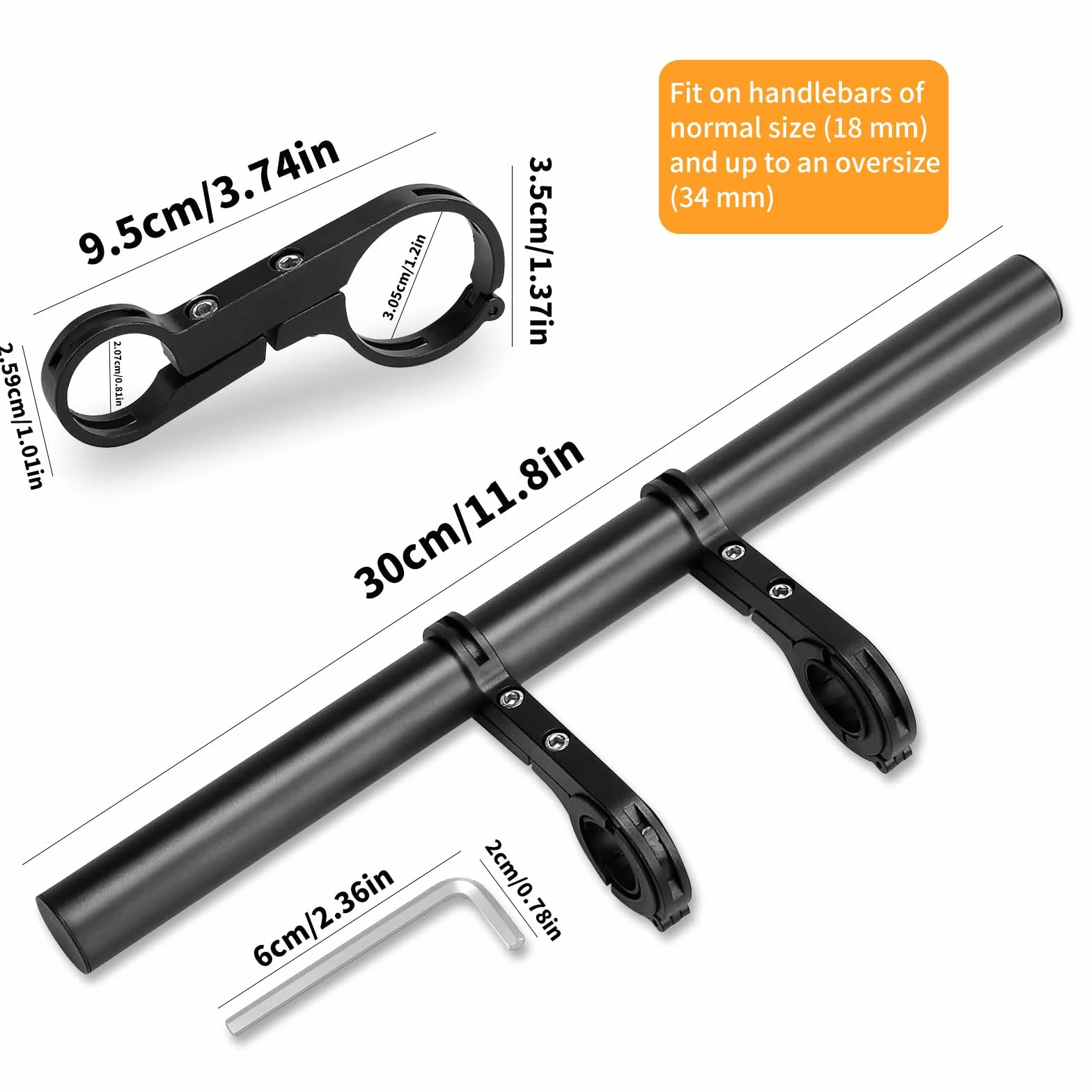Prolunga manubrio bicicletta in lega di alluminio, 30 cm, con supporto per torcia, smartphone e dispositivi GPS (18-34 mm)