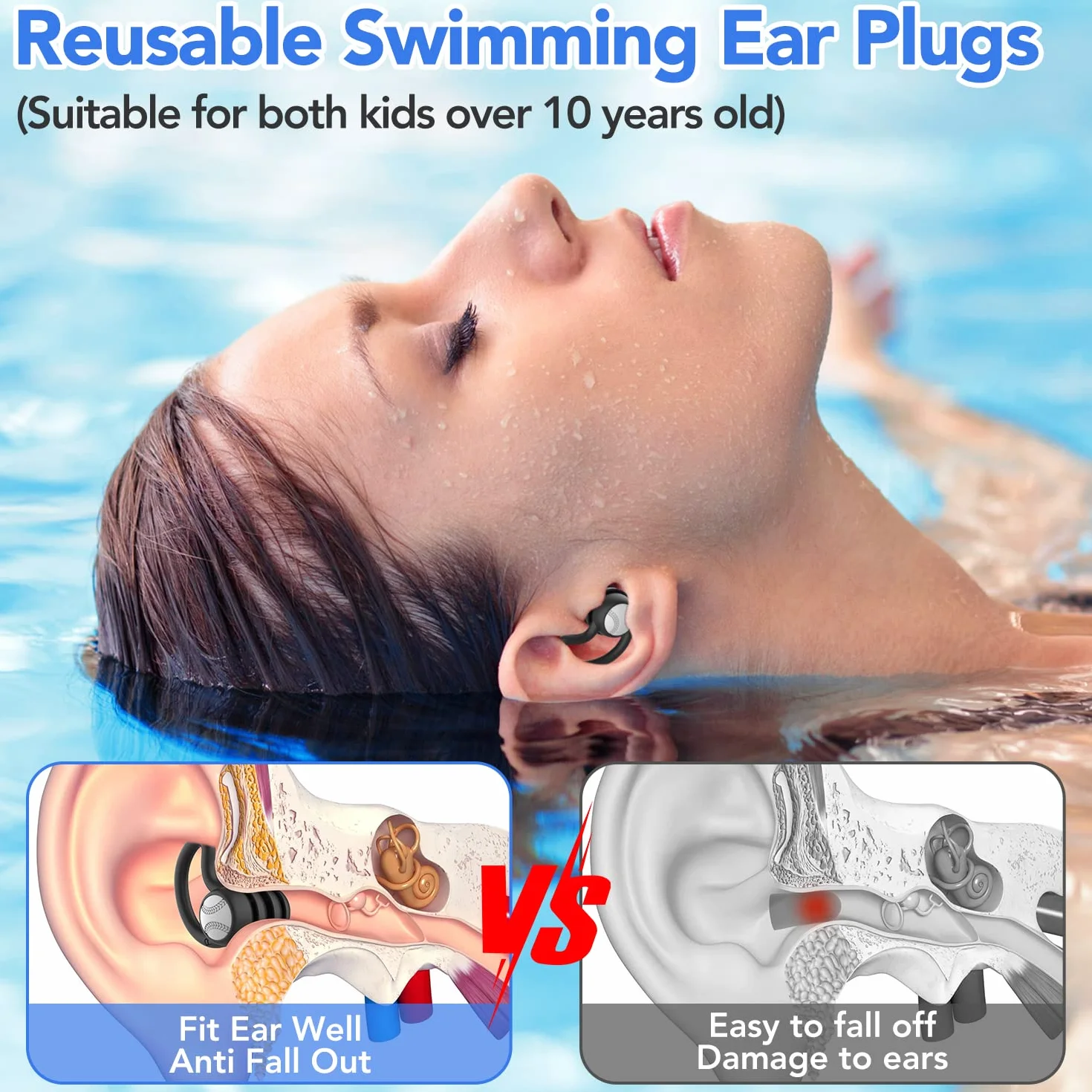 Tappi per le orecchie da nuoto per adulti, impermeabili, riutilizzabili, in morbido silicone, per doccia, nuoto, surf, snorkeling e altri sport acquatici (3 paia)