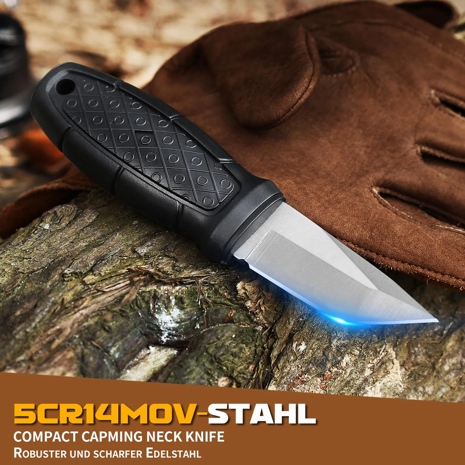 Omesio Coltello Da Caccia Tanto, Coltello Da Esterno Con Lama Da 6 Cm EDC, Manico in PP Con Lama in Acciaio 5cr14mov, Fodero in ABS, Catena a Sfere,Unisex, Adatto Per Escursionismo e Campeggio