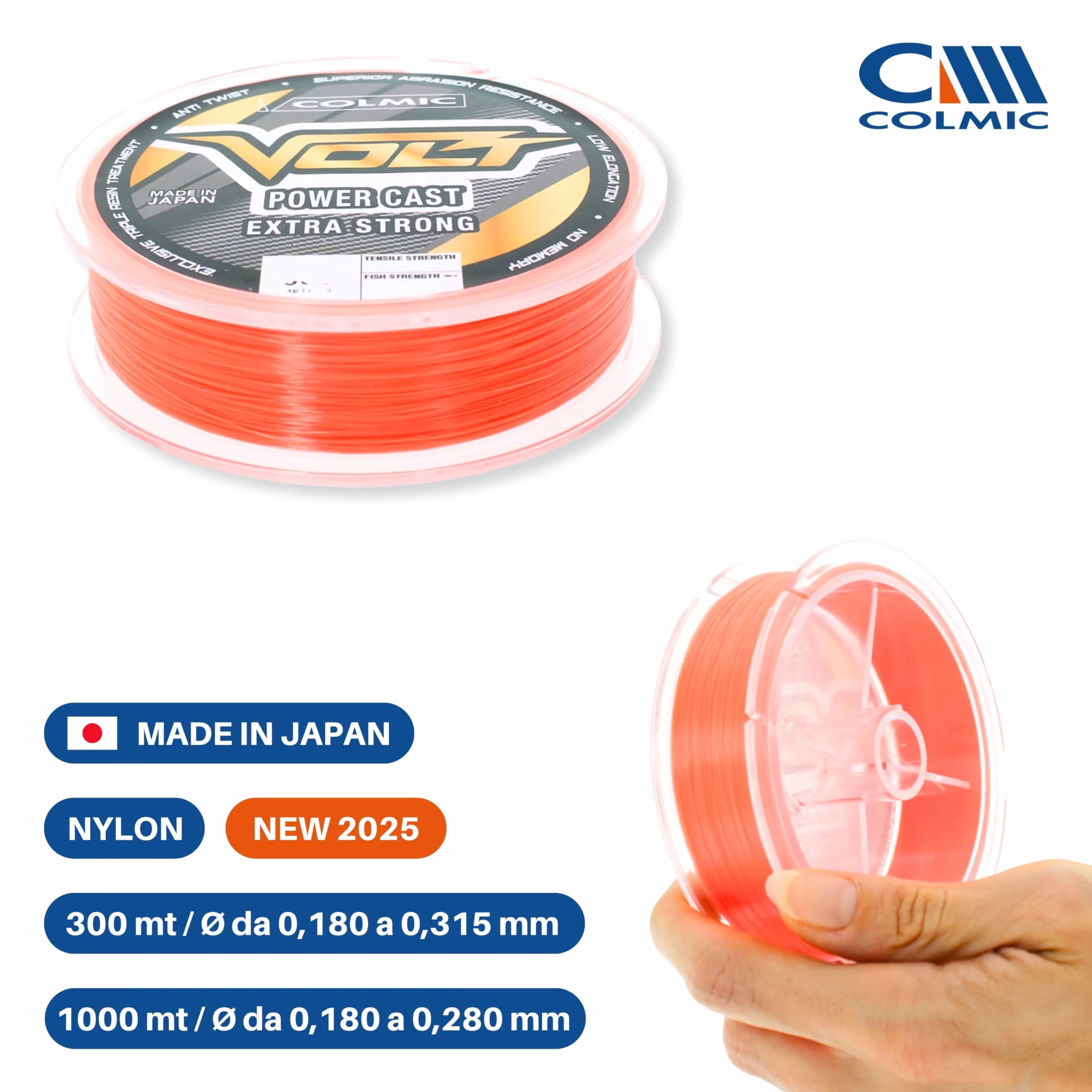 Colmic VOLT Power Cast – Monofilo da Pesca Made in Japan per Surfcasting e Mare – Extra Strong, Alta Visibilità, Anti Twist, Fluorine Triple Resin - Prodotto Ufficiale Colmic