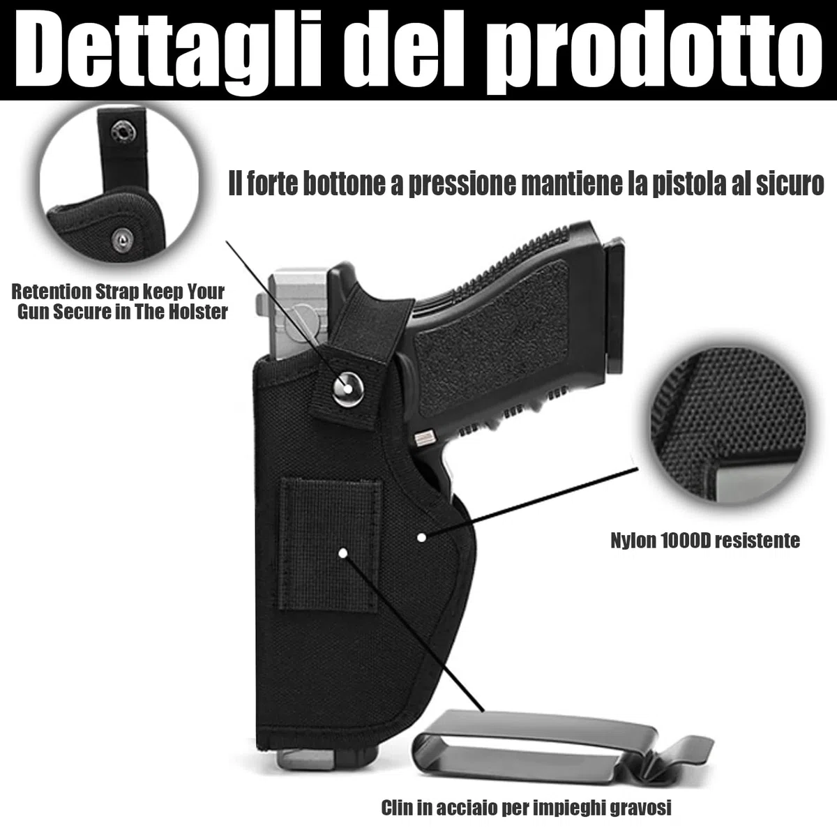 2 Pezzi Fondina per Pistola Nascosta, Pistola Interna o Esterna per Mano Sinistra e Destra, Pistole Tattiche Holster, Nylon Fondina da Trasporto Nascosta, Nero
