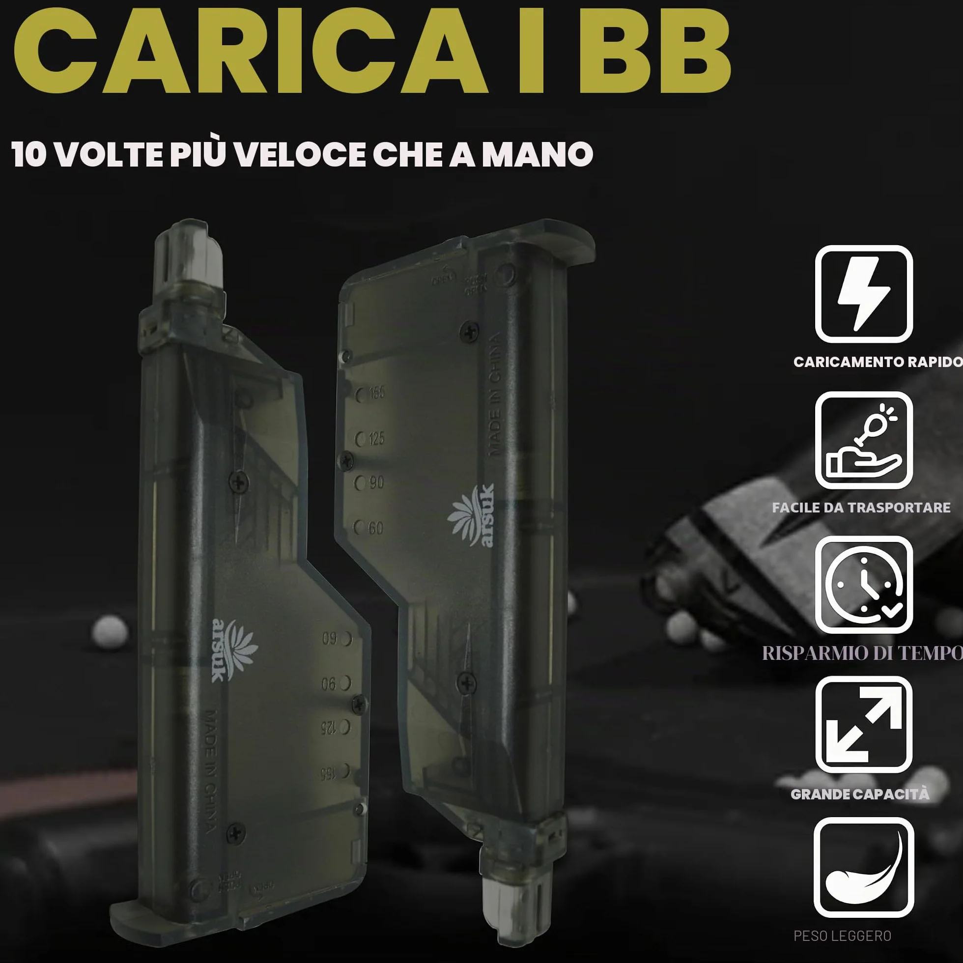 ARSUK Speed Loader Airsoft 6 mm con Adattatore – Caricatore Rapido per Pallini – Strumento di Ricarica Veloce per Caricatori, Pistole e Fucili Softair