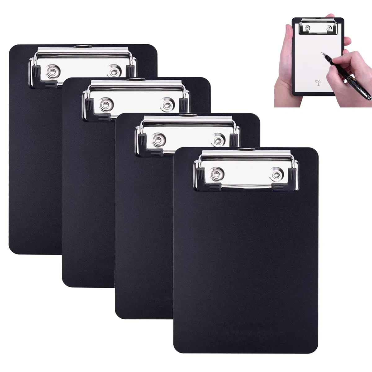 Portablocco A6 in Plastica, 10x15cm Piccolo Porta Blocco con Sistema di Fissaggio a Parete e Clip in Metallo - Mini cartellina Appunti per Blocco Note Ricevute Elenchi Tascabili (Nero, 4 pezzi)
