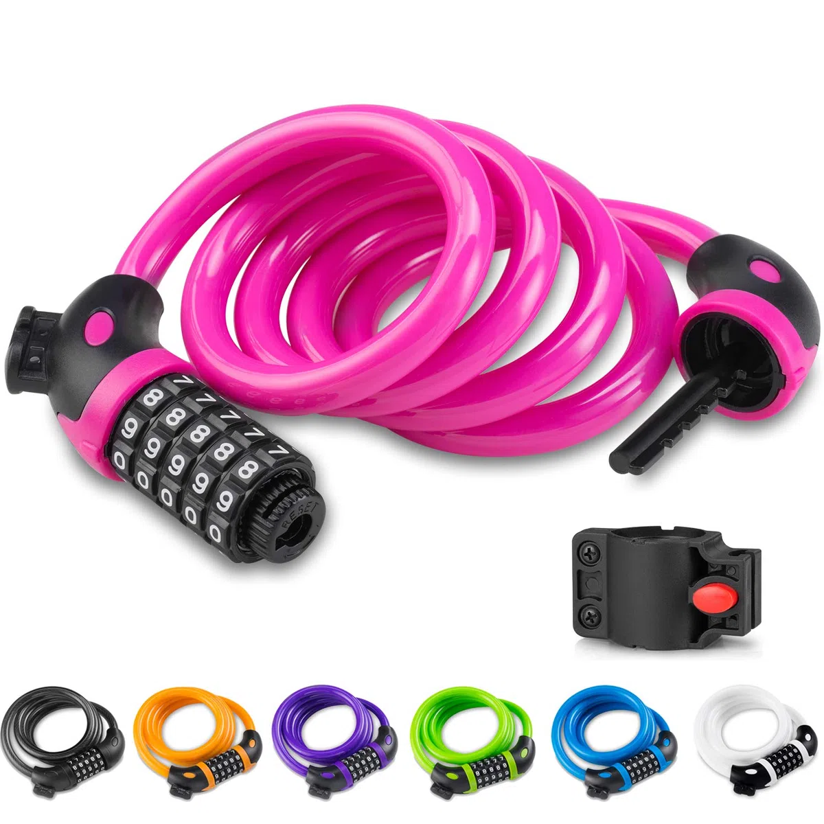 Opaza Lucchetto per Bici, Catena per Bici Alta Sicurezza Lucchetto a 5 Cifre Combinazione Resettabile Cavo di Sicurezza per Bicicletta,Scooters, 1,2 Mx12 mm (Rosa)