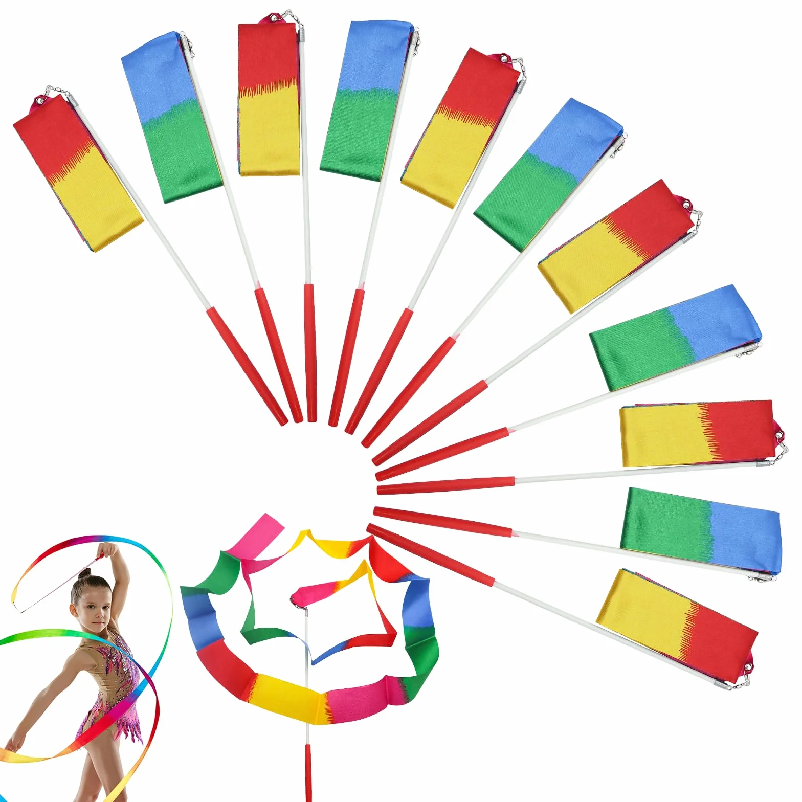 Nastri da Ballo 12 Pezzi, Nastro da Ginnastica Colorato, Bacchetta Ginnastica Ritmica, Dance Ribbons per Bambini 2m