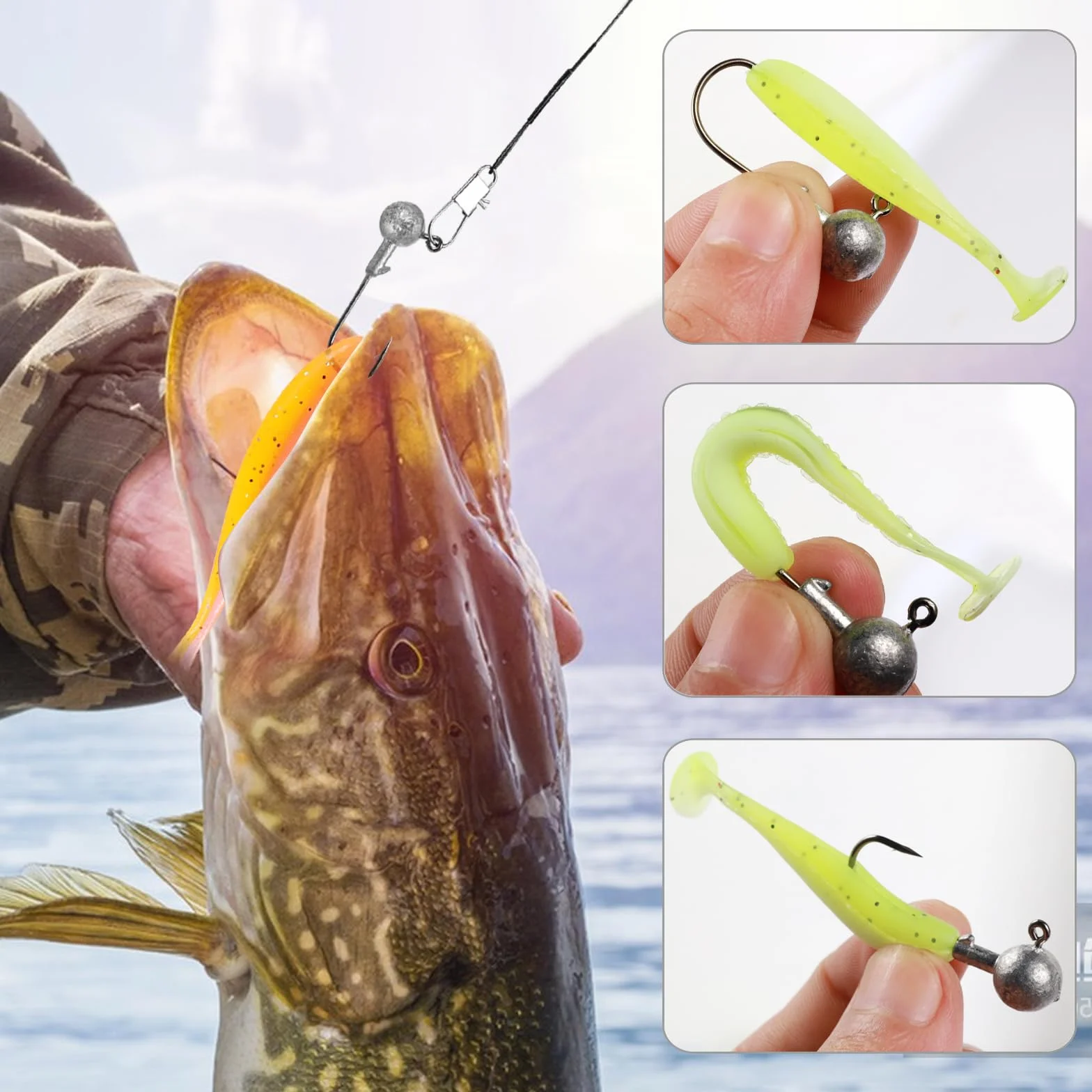 58 Pz / 6 Dimensioni Teste di Jig con esche di gomma 10g/7g/5g/3,5g/1,8g/1g Ganci da pesca con palline di piombo rotonde Esche morbide realistiche bicolori per acqua dolce salata per persico