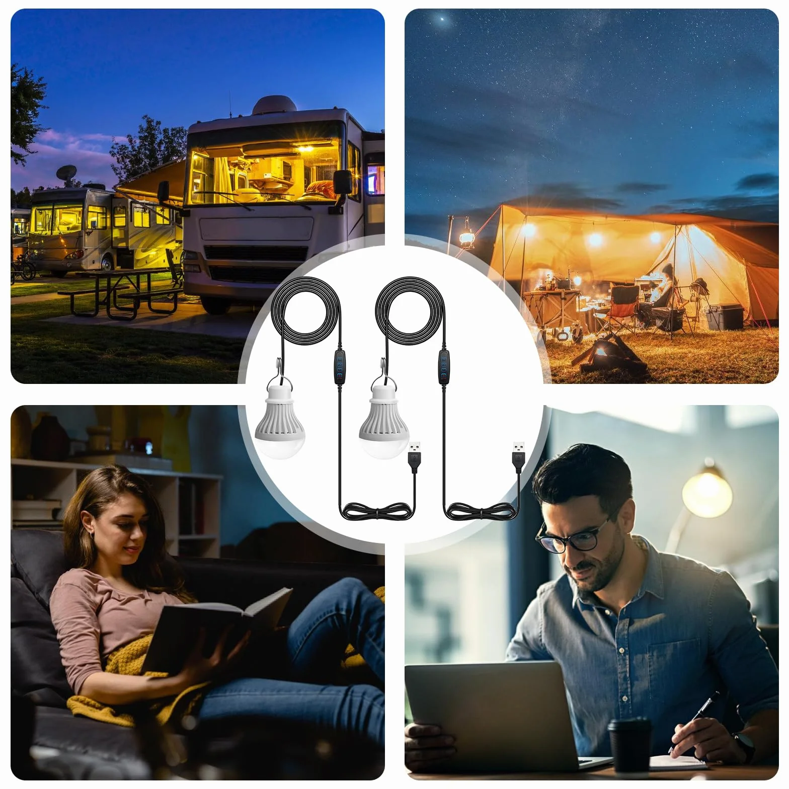 Set di 2 lampade da campeggio LED USB ricaricabili 7 W - Lampada da tenda con intensità variabile - 3 modalità di illuminazione 2700-5000 K - Luce di emergenza con gancio - Funziona con pile
